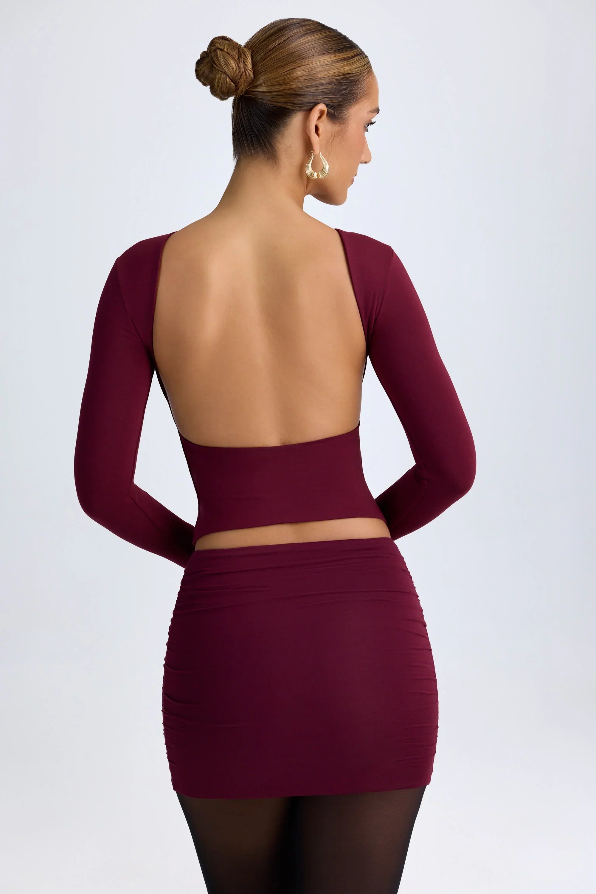Modal High Neck Long Sleeve Open Back Top in Wine Red
