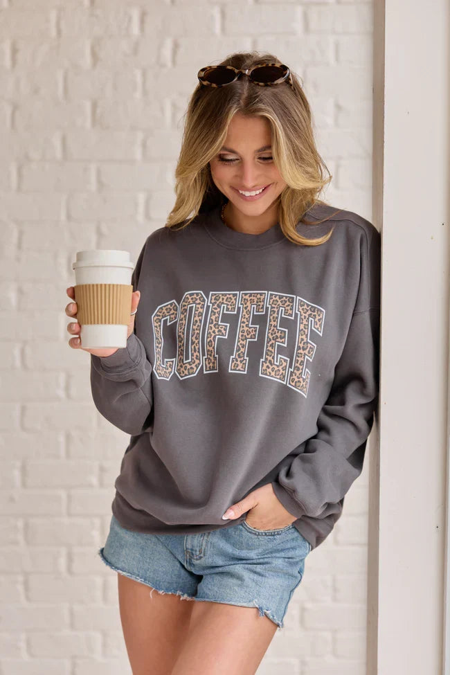 Coffee Leopard Print Dark Grey Graphic Sweatshirt
