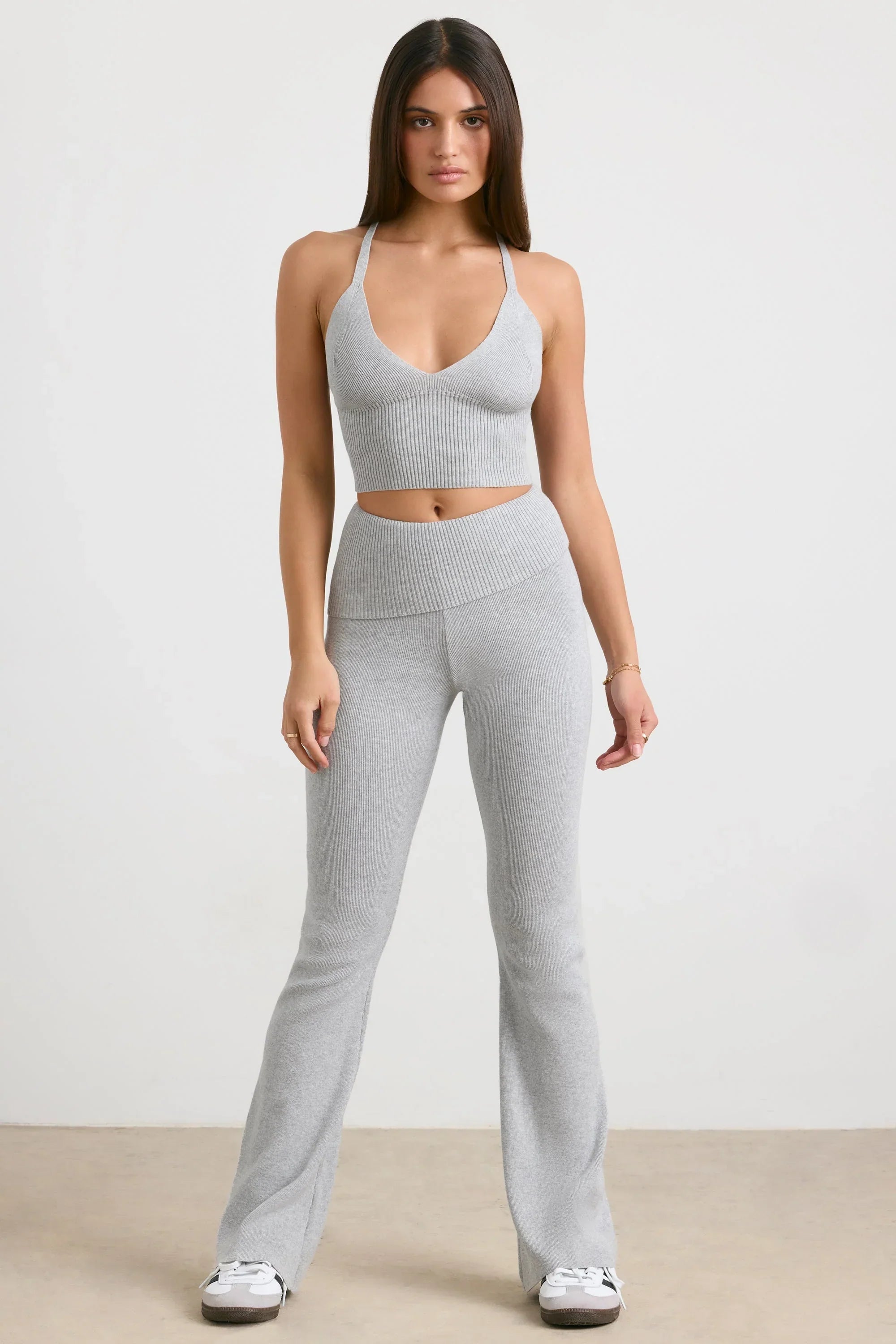 Chunky Knit Foldover Kick Flare Trousers in Grey Marl