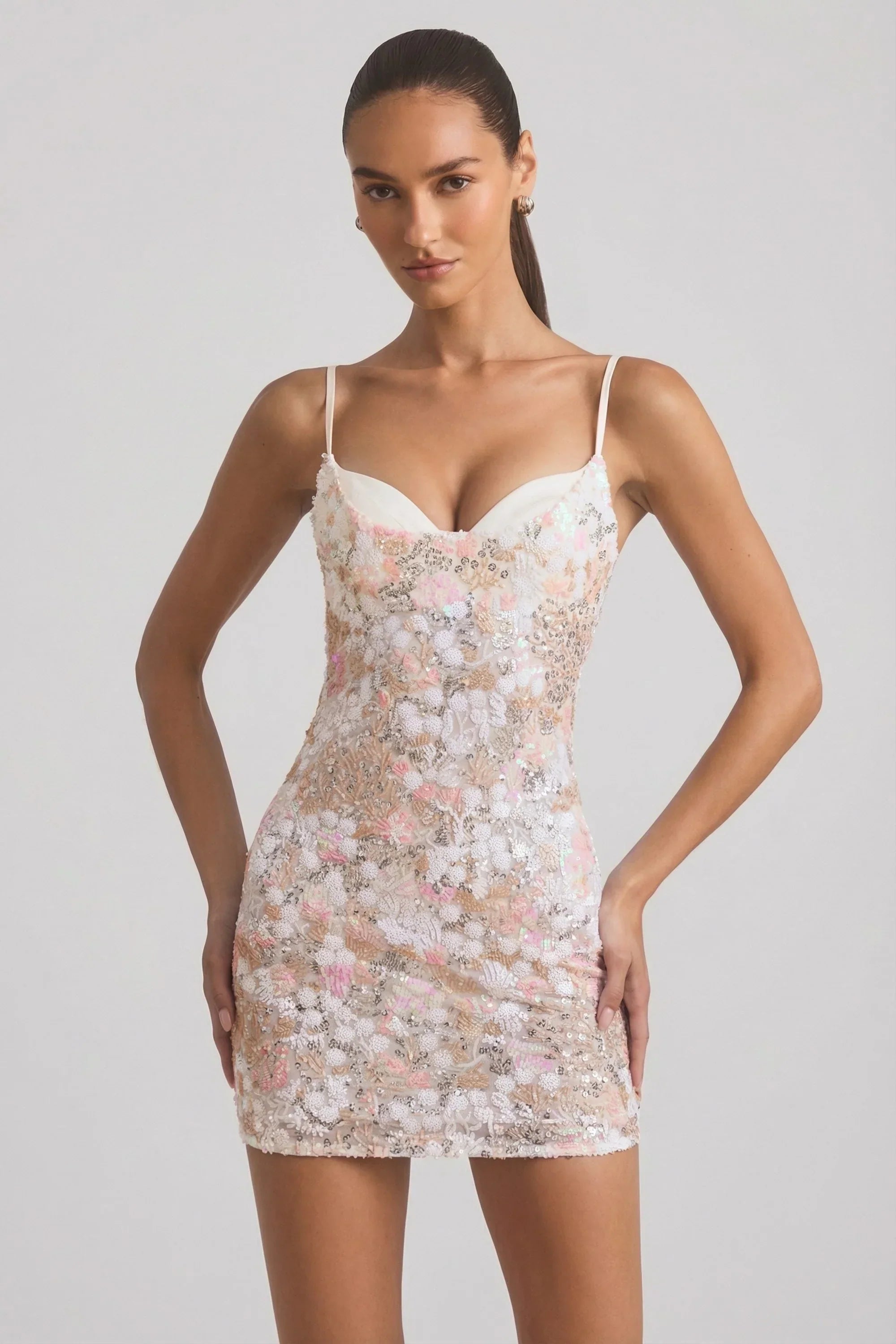 Embellished Camisole Bodycon Mini Dress in Ivory
