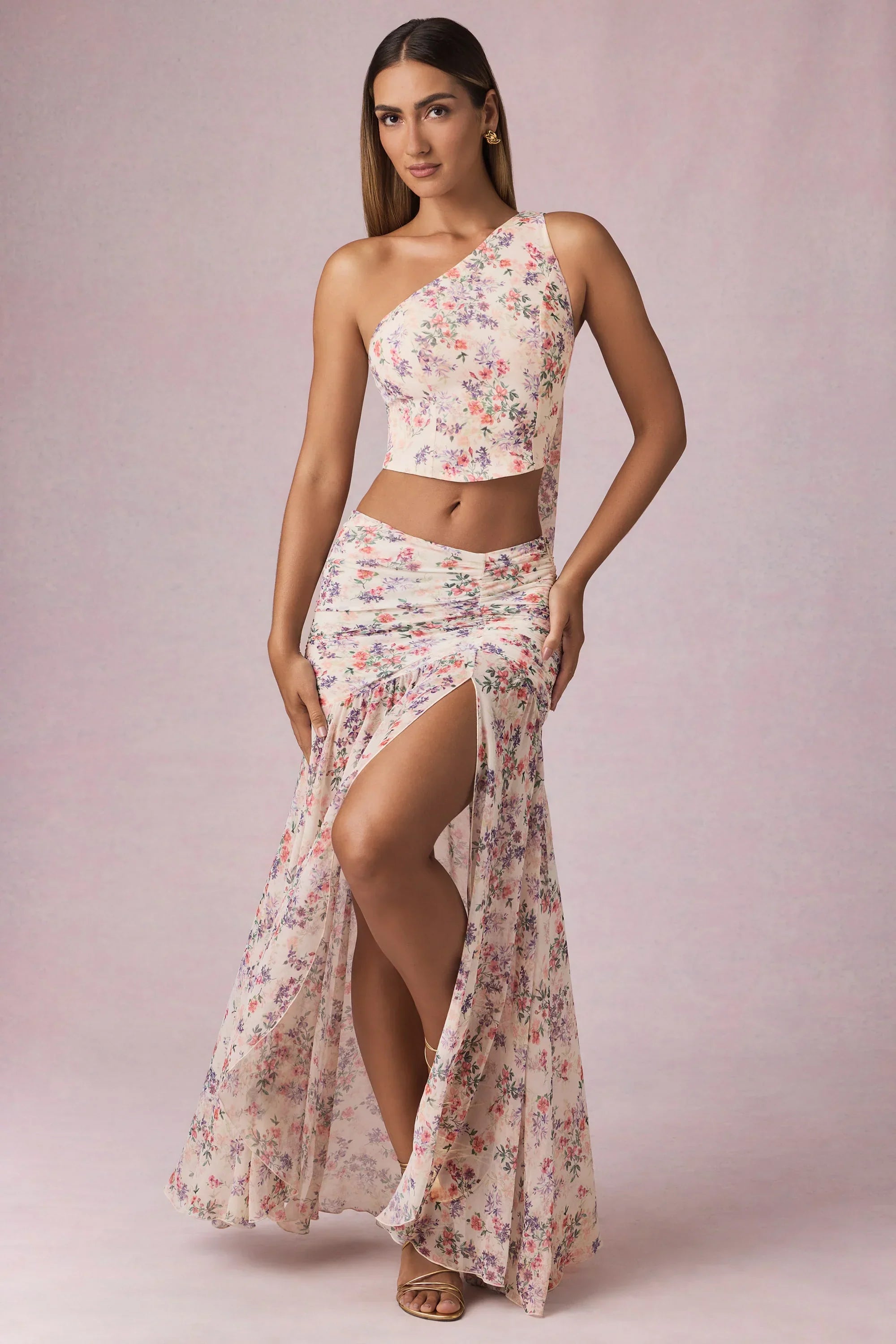 Asymmetric Ruched Maxi Skirt in Primrose Floral Print