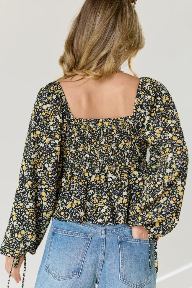 Evelina Black And Yellow Floral Ruched Babydoll Top