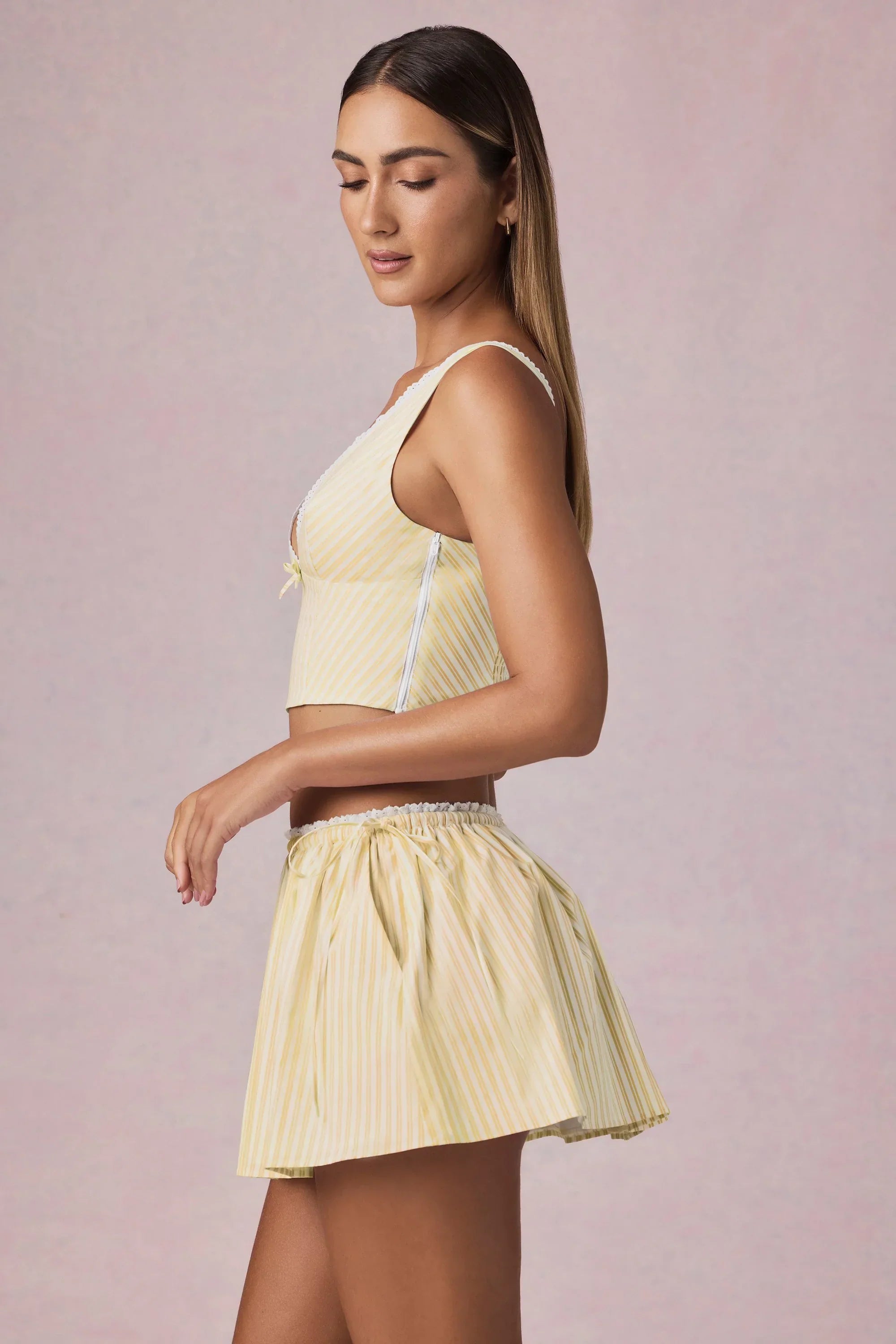 Ruched Drawstring Mini Skirt in Lemon Yellow Stripe