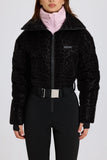 Waterproof Belted Layered Ski Suit in Black Leopard