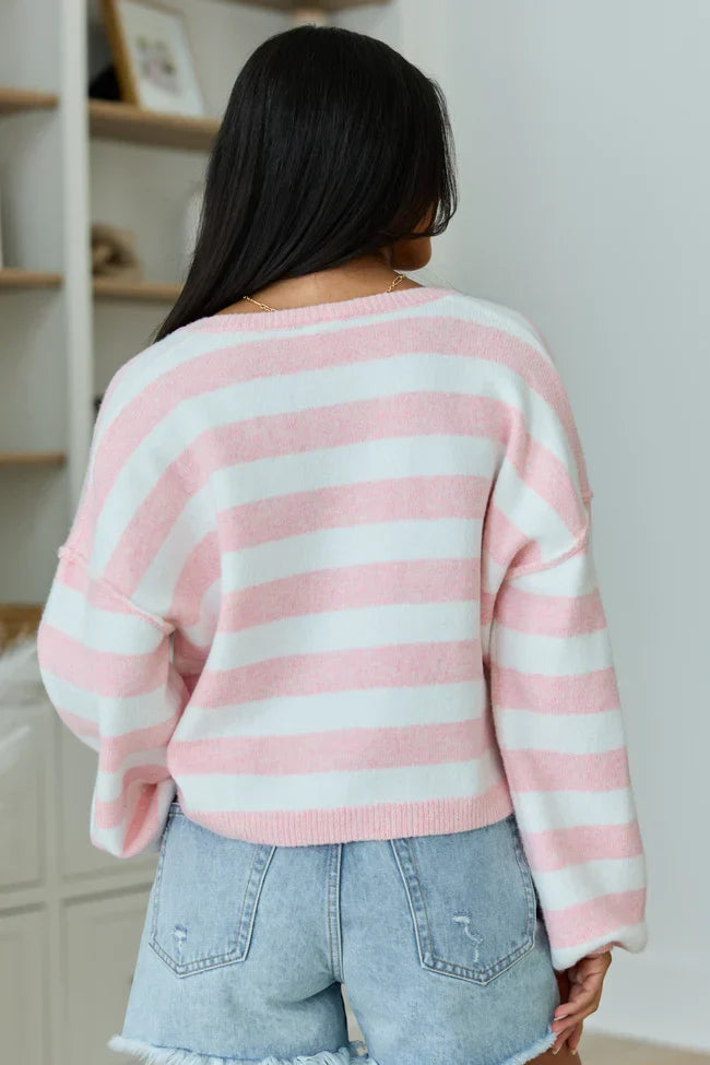 Gillian Pink And Ivory Striped Henley Knit Sweater