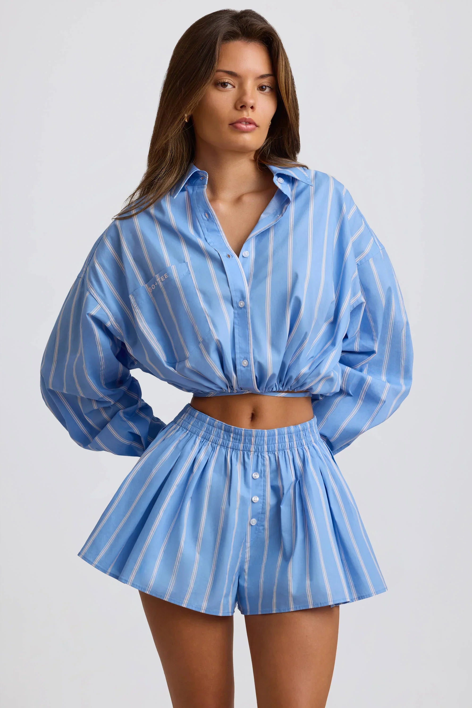 Cotton Poplin Stripe Multiway Cropped Shirt in Blue Stripe