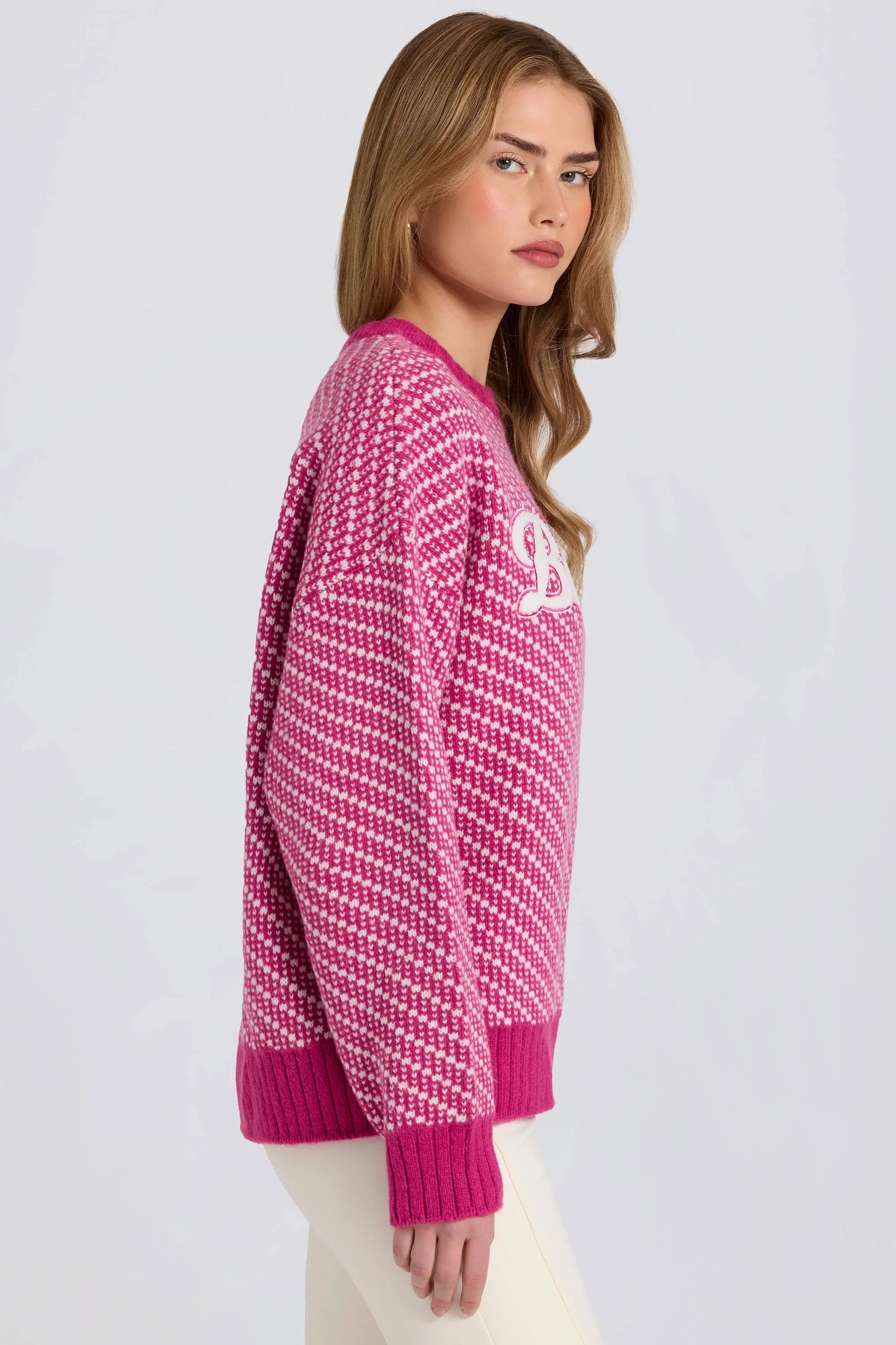 Knit Logo Oversized Jumper in Magenta Pink
