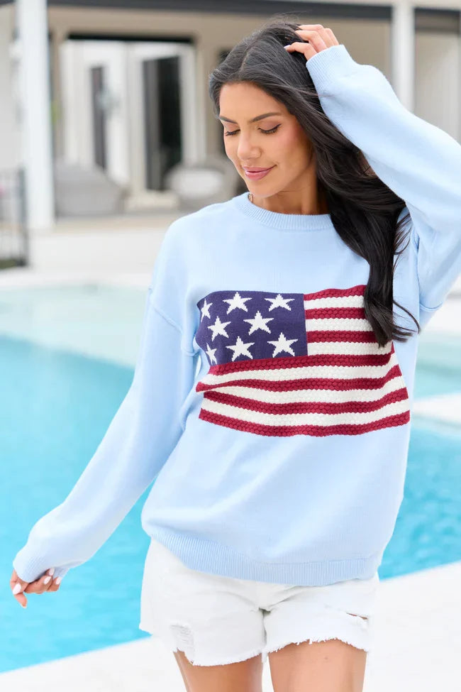 Home Of The Free Light Blue Textured Flag Sweater