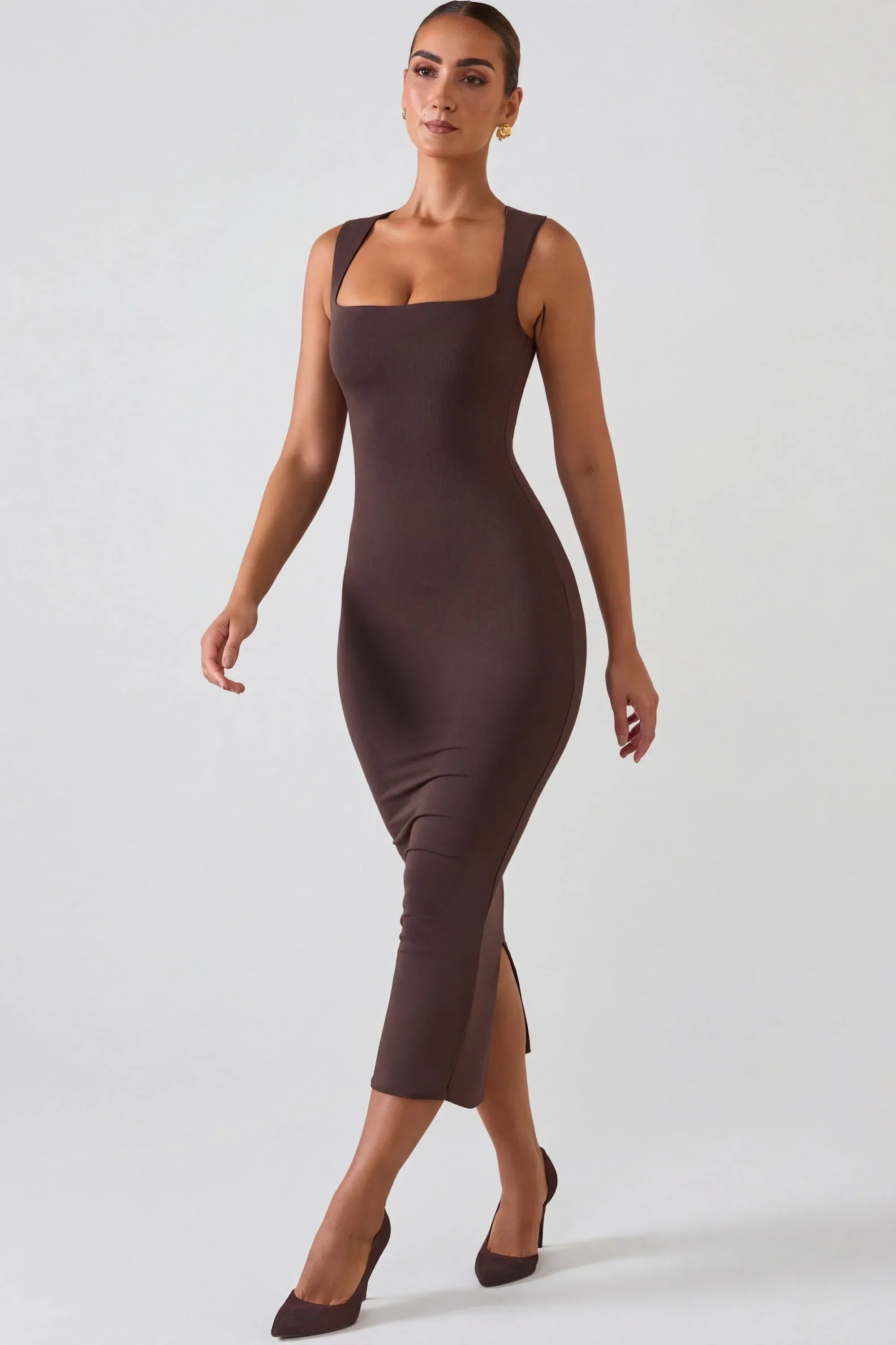 Square Neck Midi Dress in Chocolate Brown