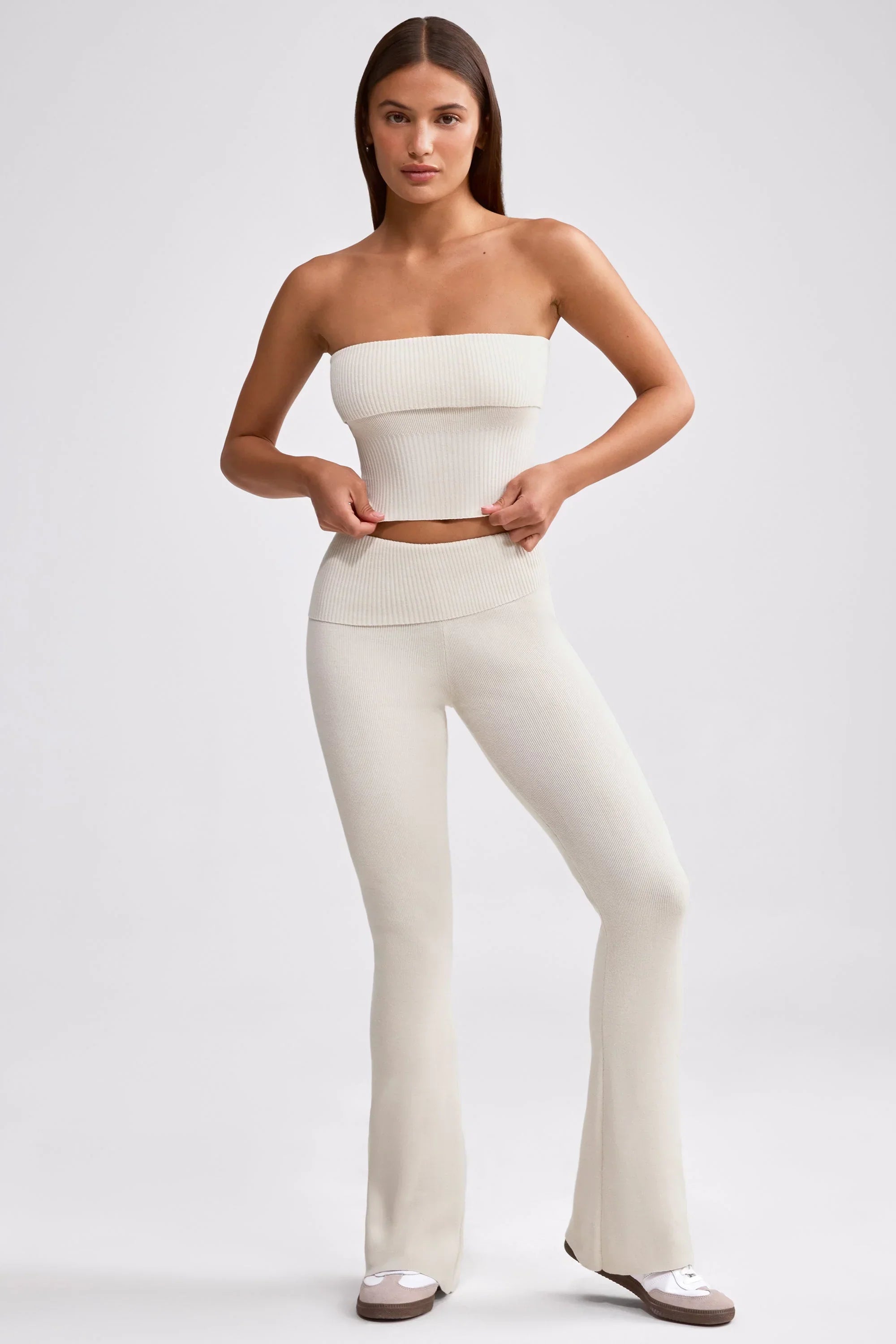 Chunky Knit Foldover Kick Flare Trousers in Cream