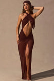 Cut Out Halterneck Maxi Dress in Espresso Brown