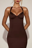 Satin Sweetheart Bustier Fishtail Midaxi Dress in Chocolate Brown