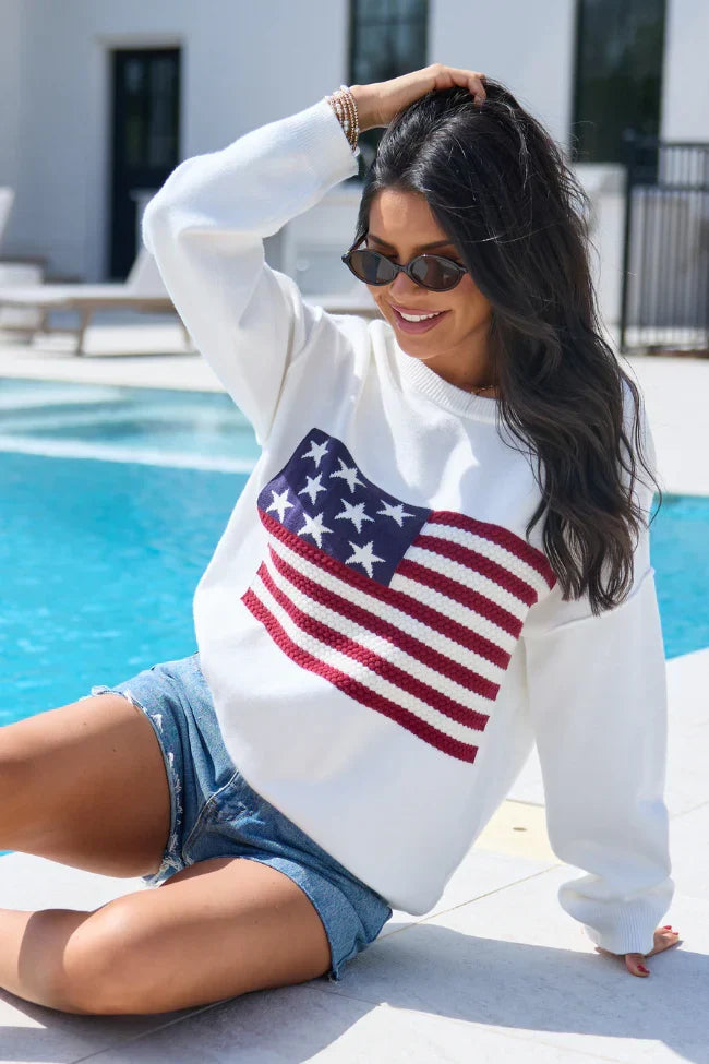 Home Of The Free Ivory Textured Flag Sweater