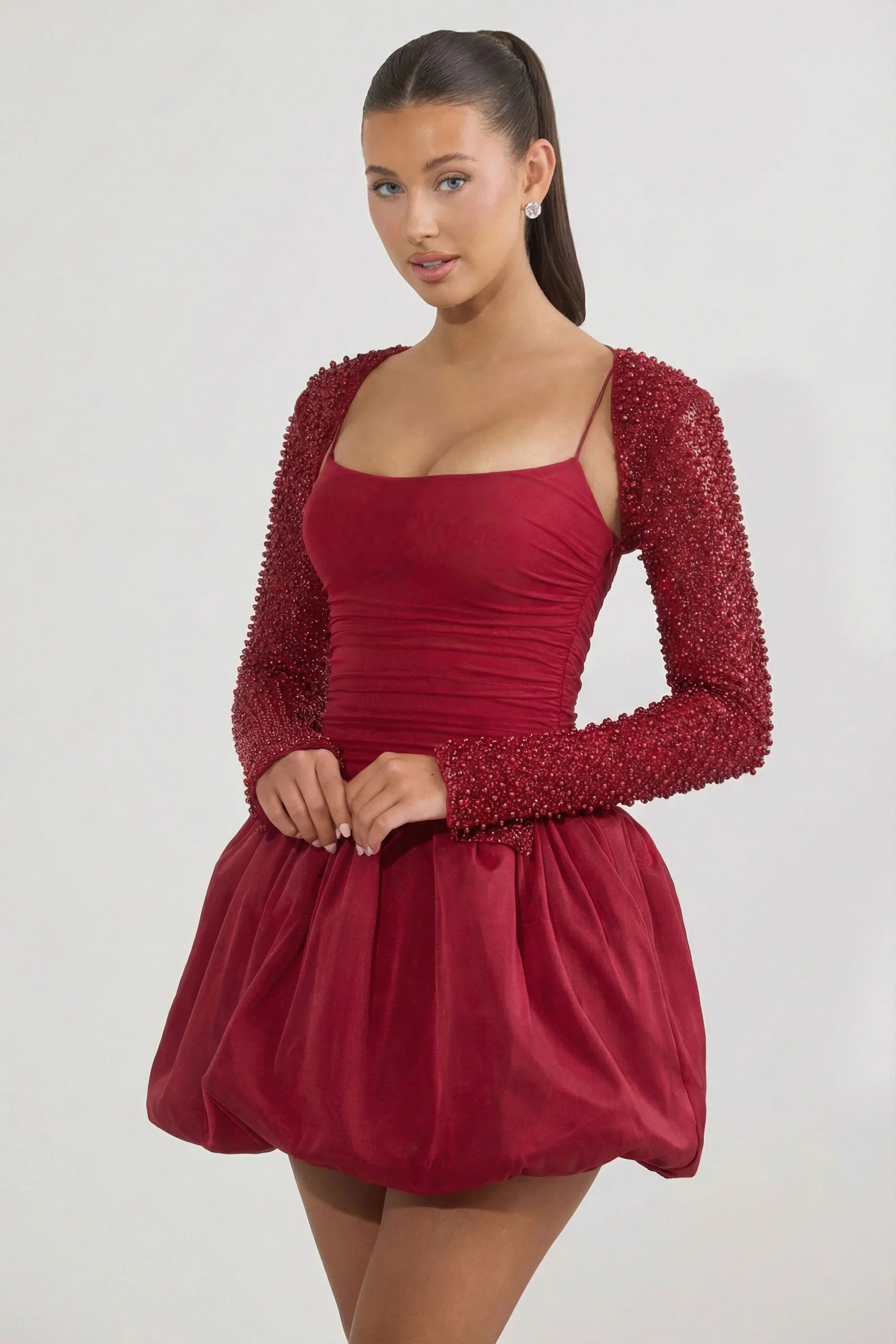 Embellished Bubble Hem Mini Dress in Red