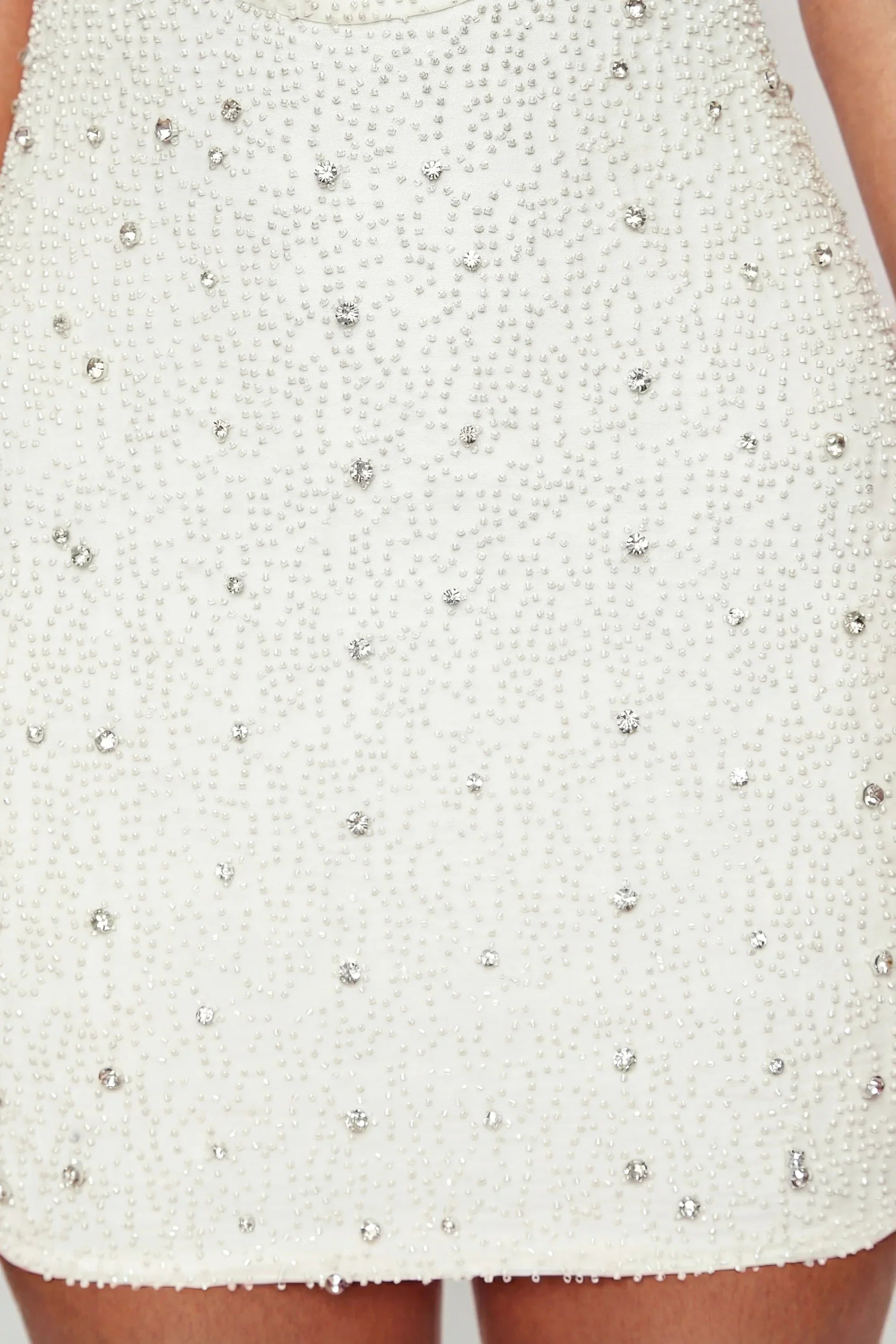 Deep Plunge Embellished Mini Dress in White