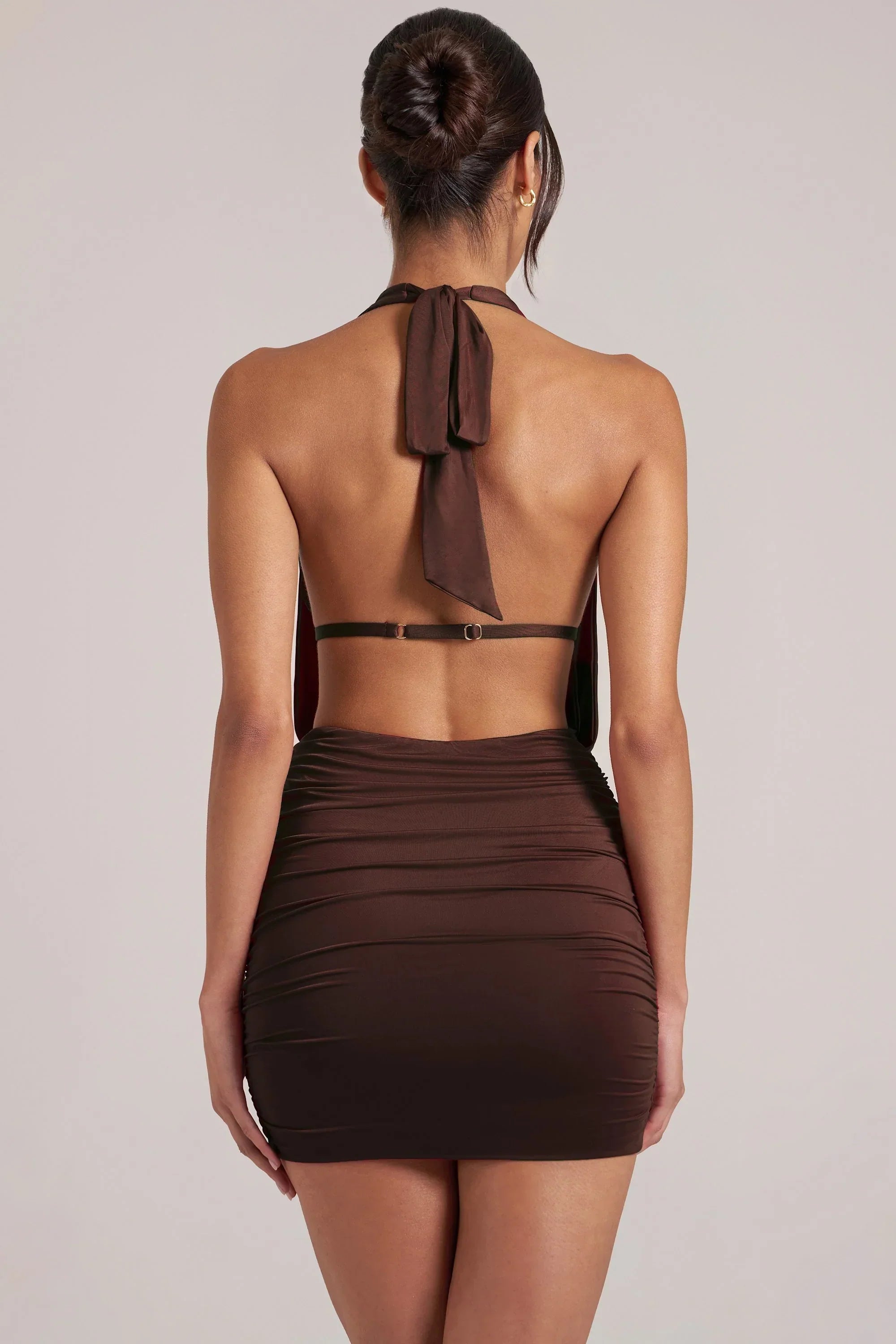 Draped Cowl Mini Dress in Chocolate Brown