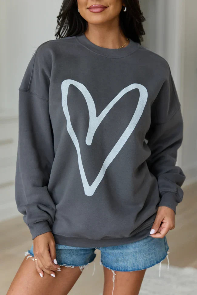 Heart Sketch Dark Grey Graphic Sweatshirt