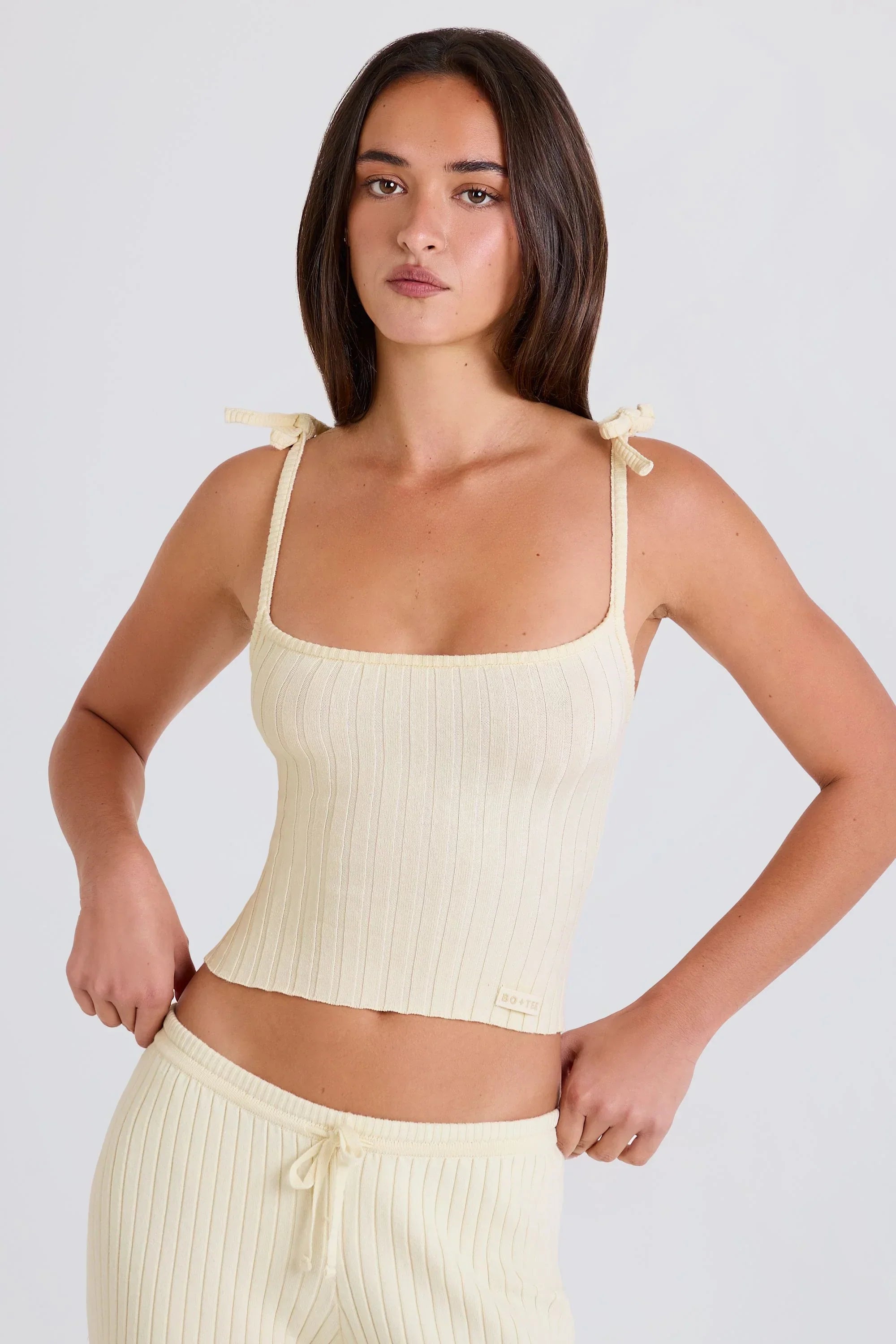 Ribbed Knit Tie Tank Top in Cream