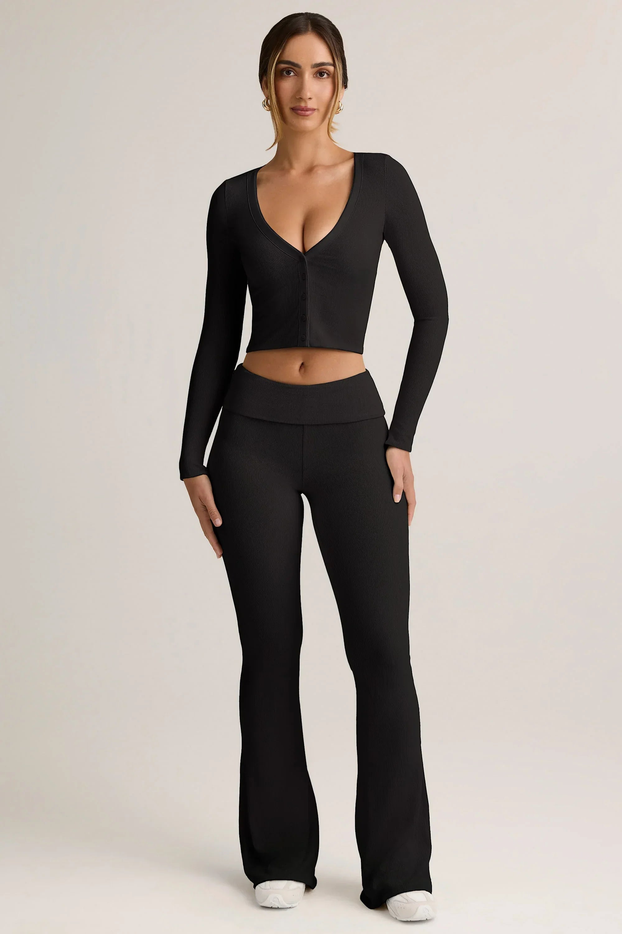 Modal Ribbed Foldover Flared Trousers in Black