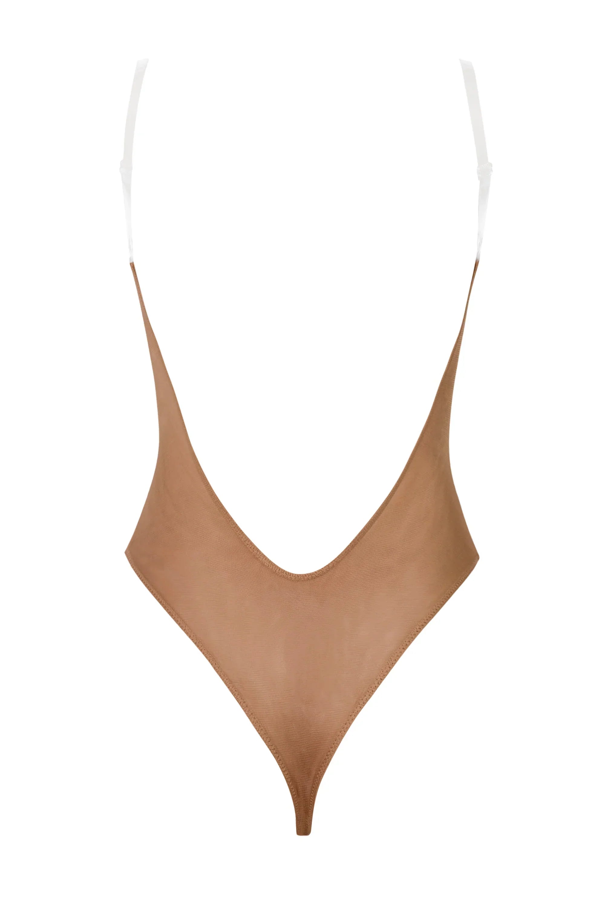 Soft Mesh Invisible Strap Thong Bodysuit in Honey
