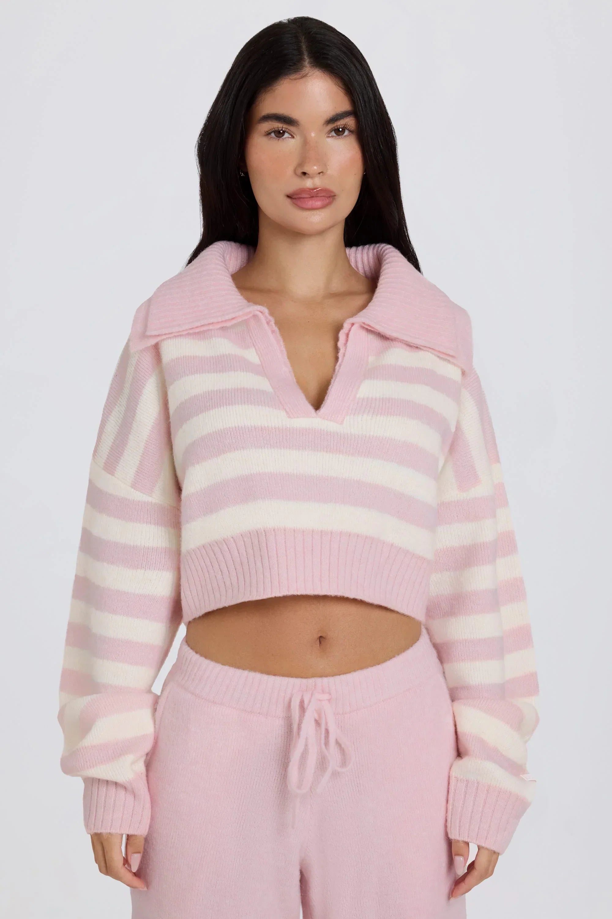 Soft Knit Layered Collar Cropped Jumper in Pink Stripe
