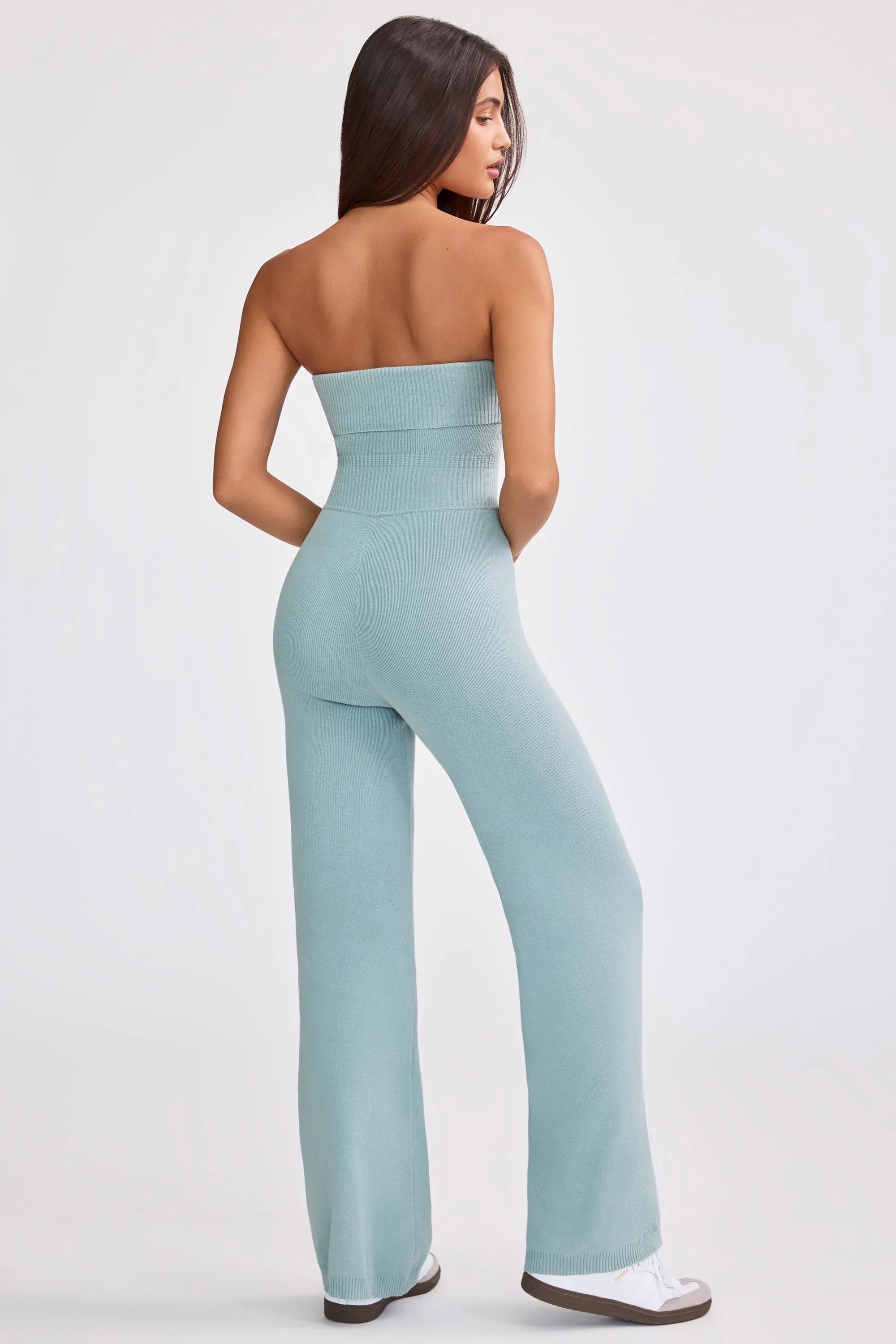 Chunky Knit Bandeau Kick Flare Jumpsuit in Dusty Teal