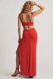 Textured Jersey Asymmetric Maxi Dress in Chilli Red
