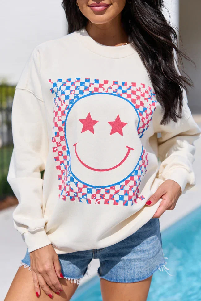 Multi Patriotic Smiley Checkered Cream Graphic Sweatshirt