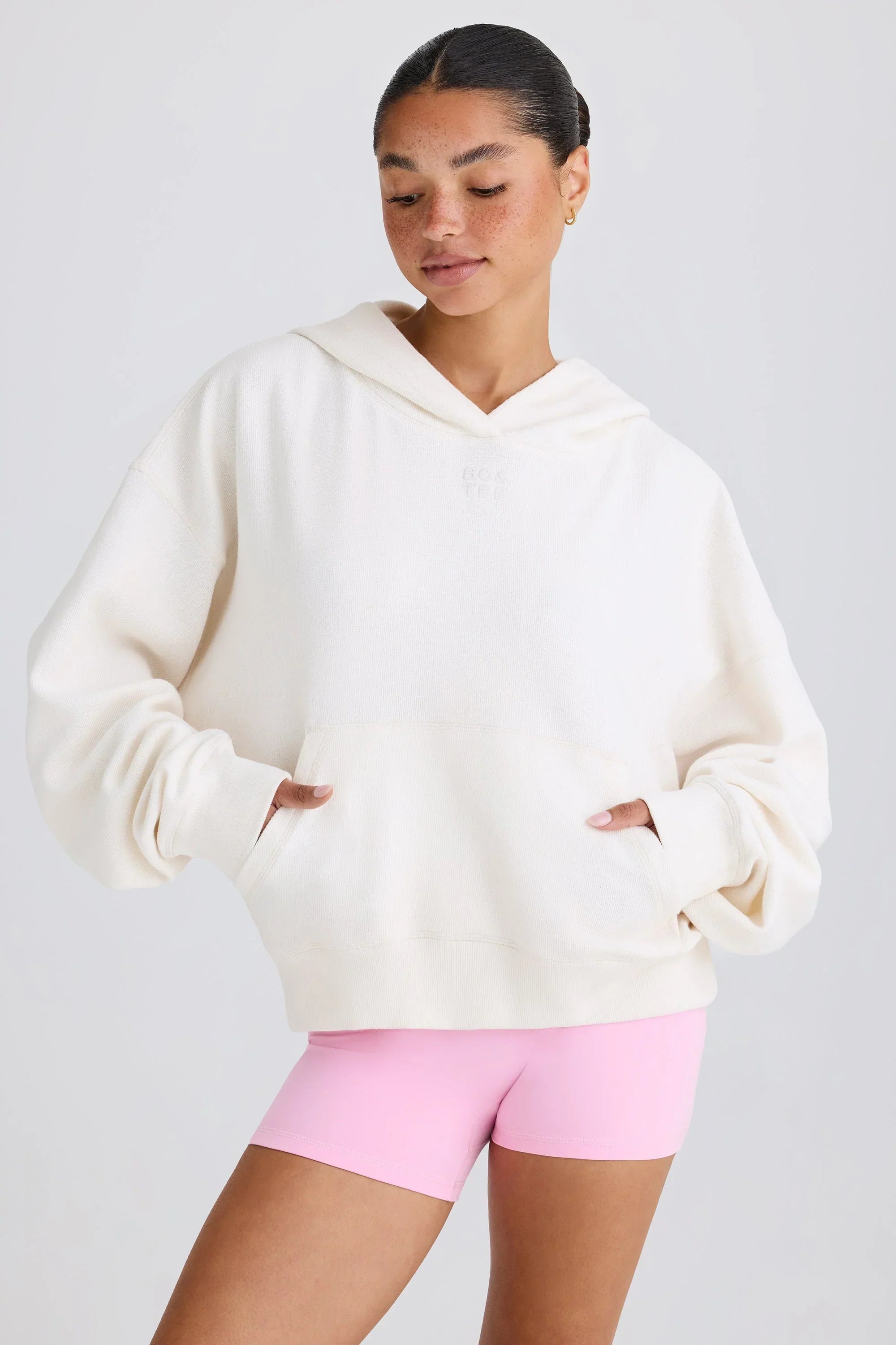 Textured Cotton Jersey Graphic Print Hoodie in White