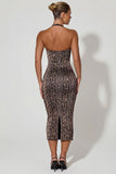 Layered Halterneck Bodycon Midi Dress in Leopard Print