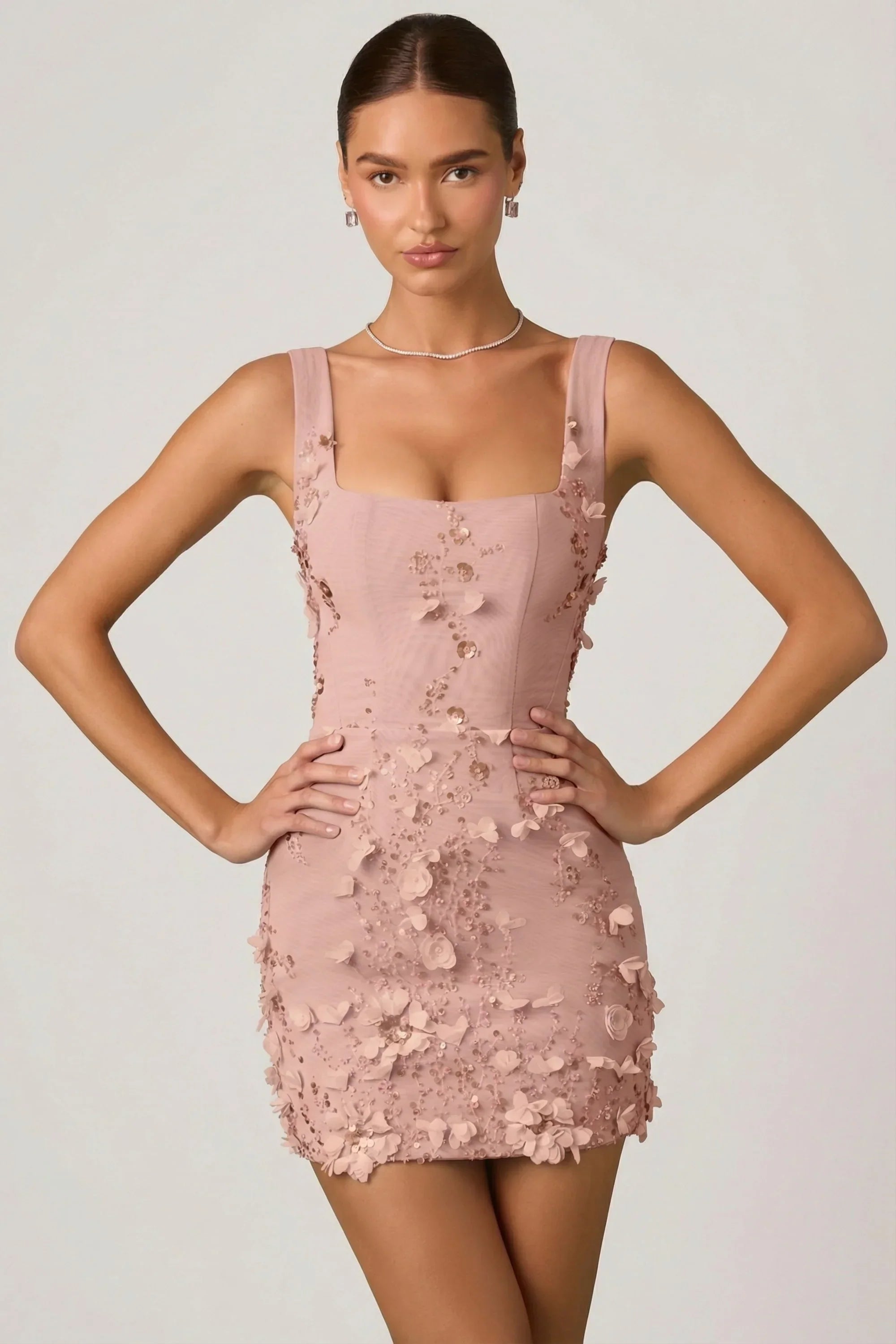 Embellished Appliqué Corset Mini Dress in Dusty Rose