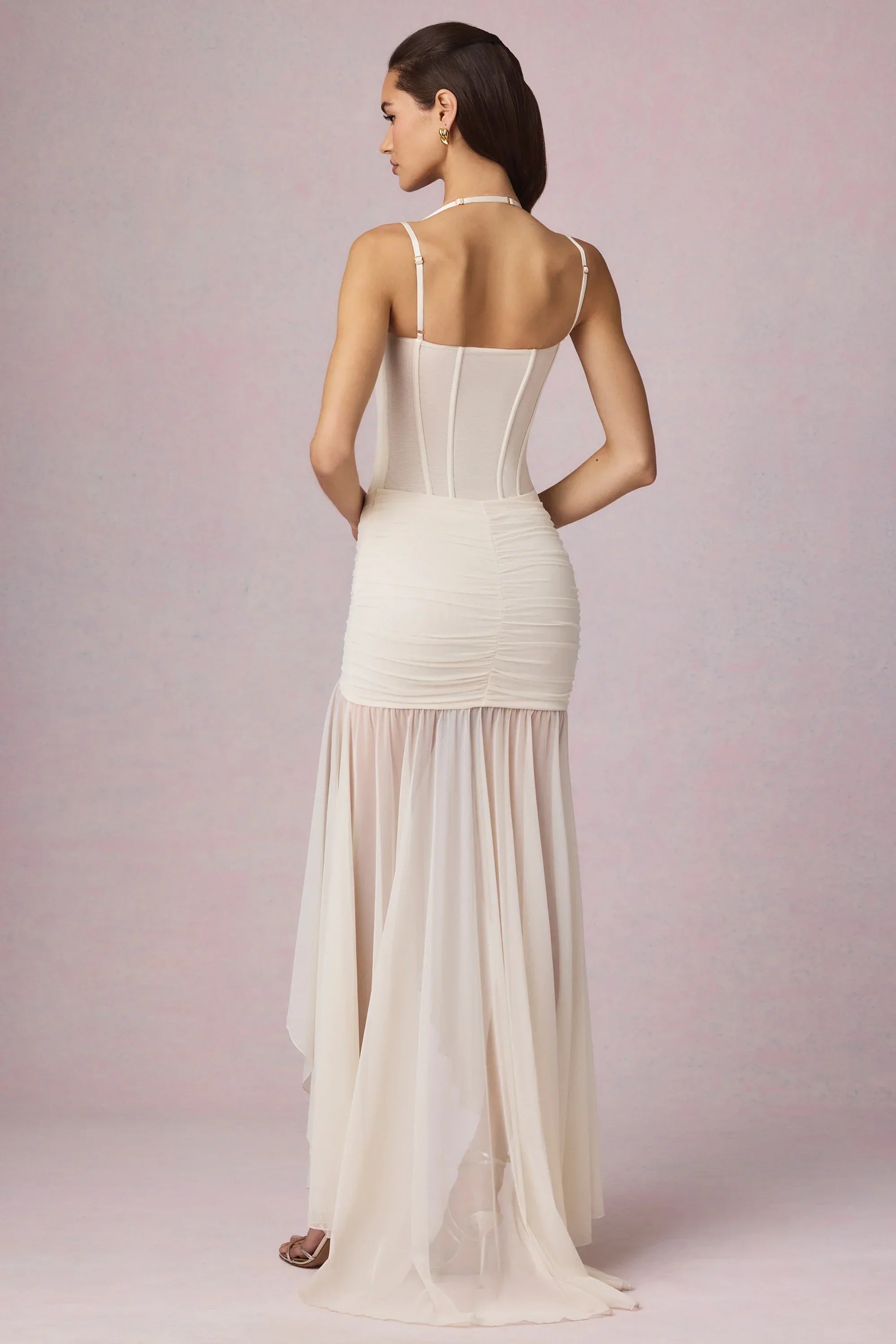 Ruched Asymmetric Corset Gown in Ivory